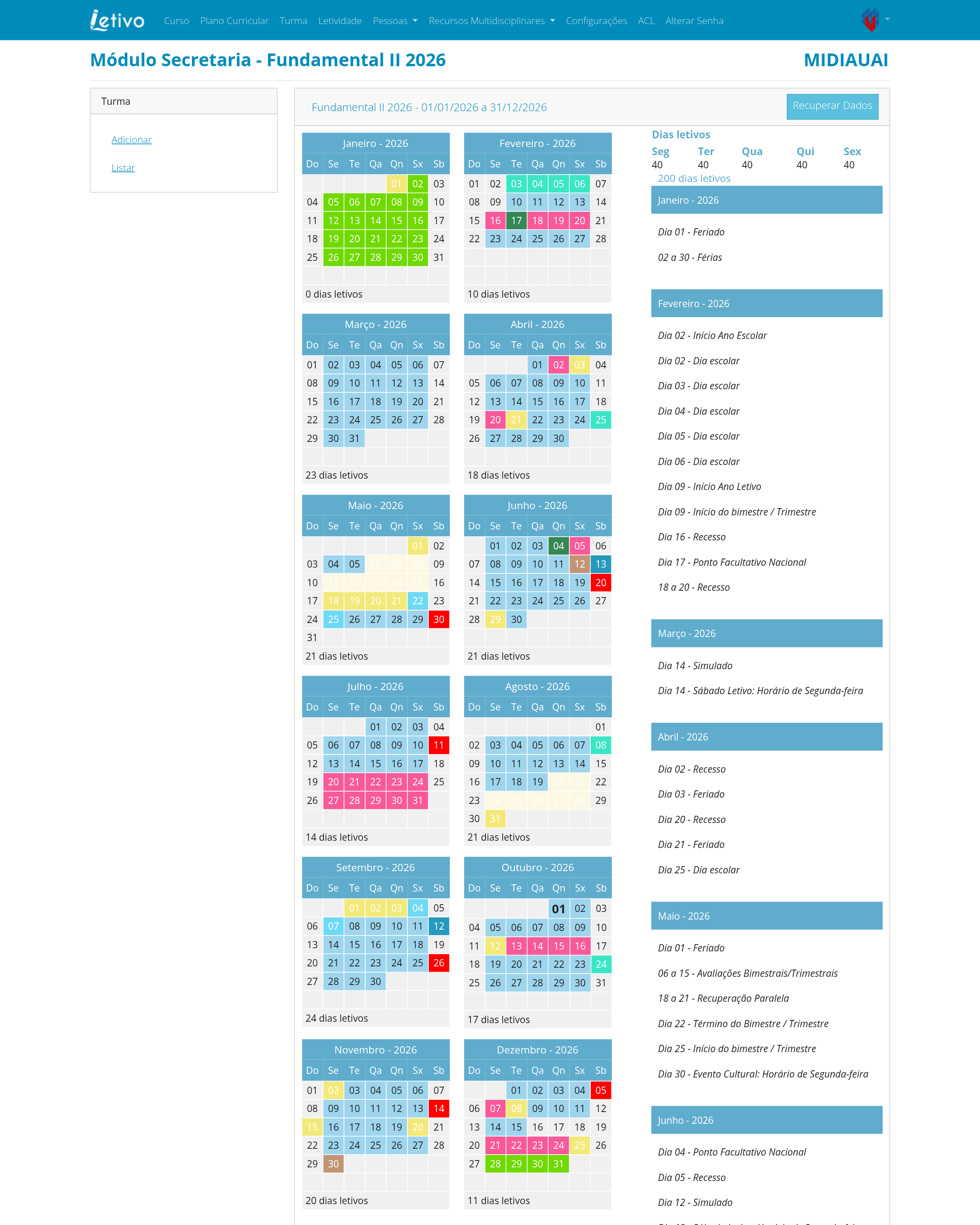 Montagem do calendário do ano letivo com reposição de feriados