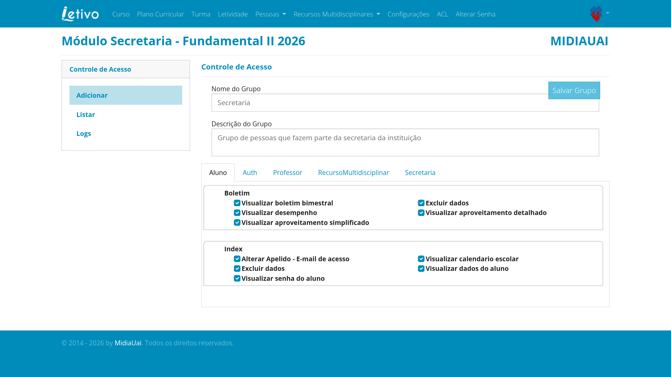 Permissões por grupo e por ação